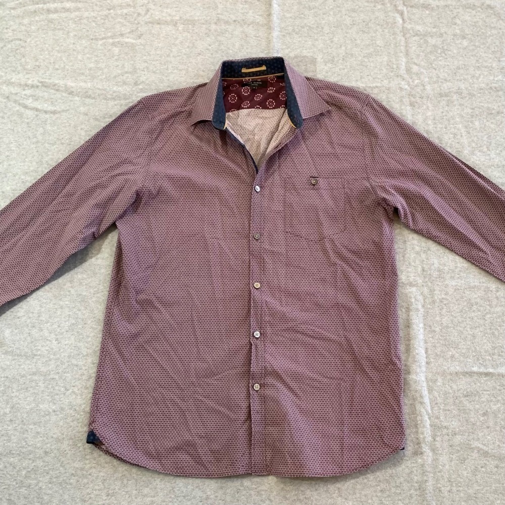 Ted Baker Button Down Shirt Mens 4‎ Burgundy Geometric Print Long Sleeve